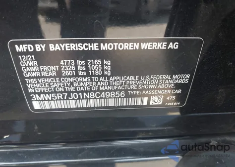 2022 BMW 330I xDrive z USA, uszkodzony, nr VIN 3MW5R7J01N8C49856
